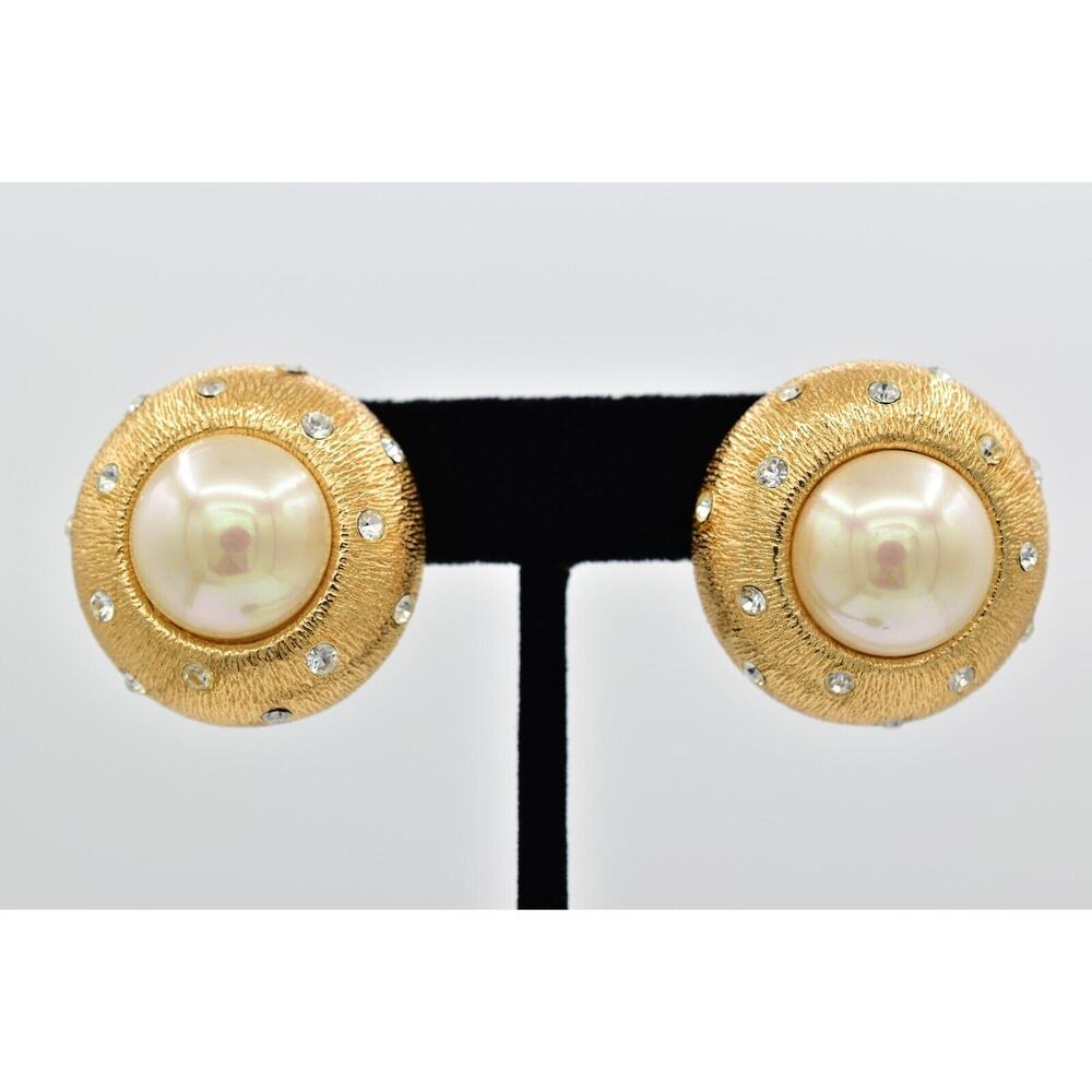 Christian Dior Vintage Starlight Crystal Earrings Chunky Dome Gold Signed Bin1